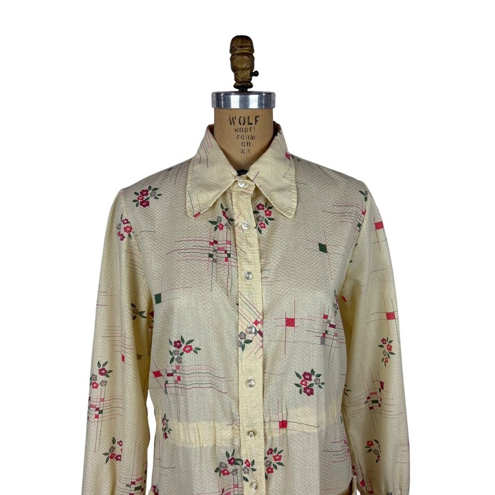 Vintage 70s Floral Shirt Womens Large Geometric Textured Long Sleeve Top - Picture 3 of 10